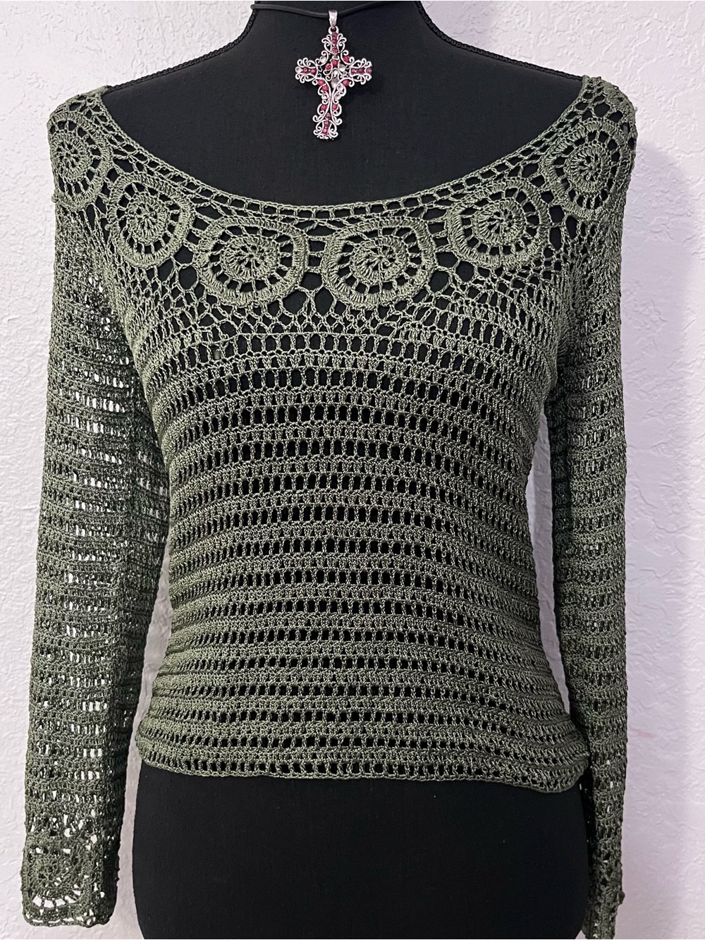 American Vintage Olive Green Crochet Long-Sleeve Top